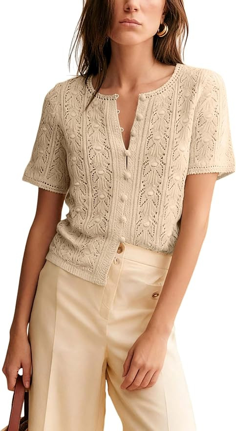 Bianstore Womens Casual Short Sleeve Crochet Knit Cardigans Lightweight Button Down Hollow Out Sw... | Amazon (US)