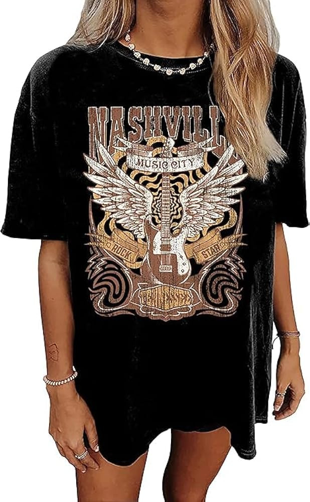 Oversized Nashville Music City T-Shirt Women Oversized Shirts Rock Band Tshirt Vintage Guitar Win... | Amazon (US)