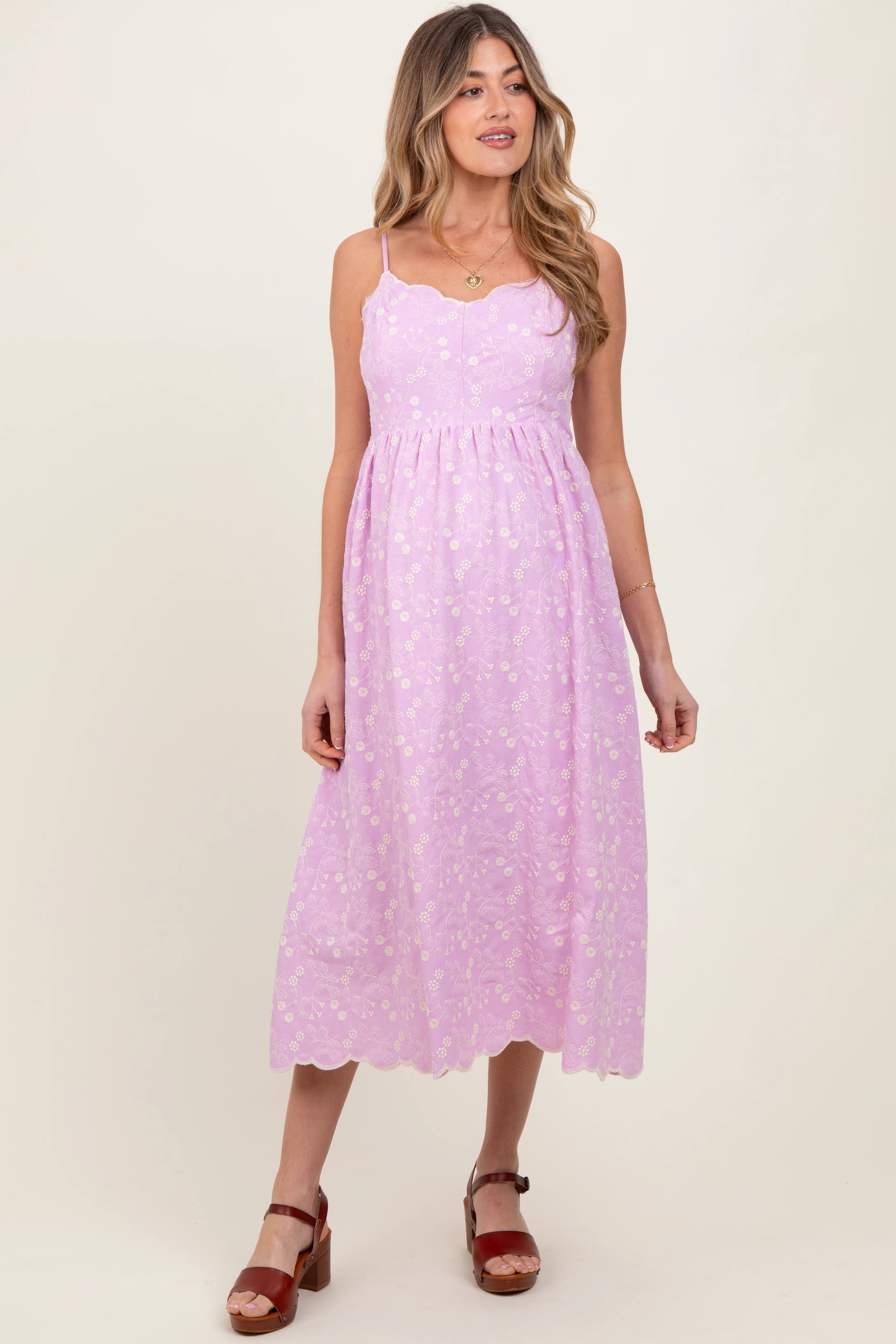 Lavender Floral Embroidered Scallop Detail Maternity Midi Dress | PinkBlush Maternity