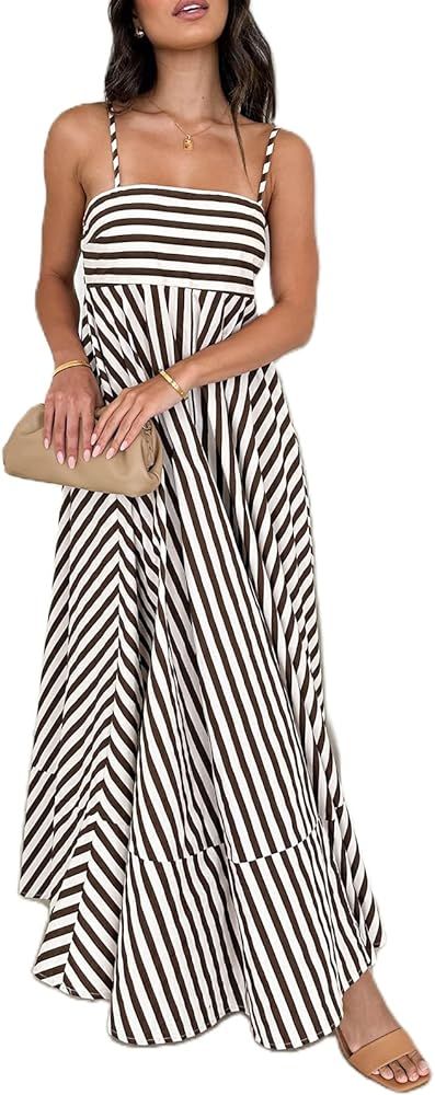 Women Striped Swing Maxi Dress Backless Smocked Spaghetti Strap Cut Out Long Dress Boho Flowy Bea... | Amazon (US)