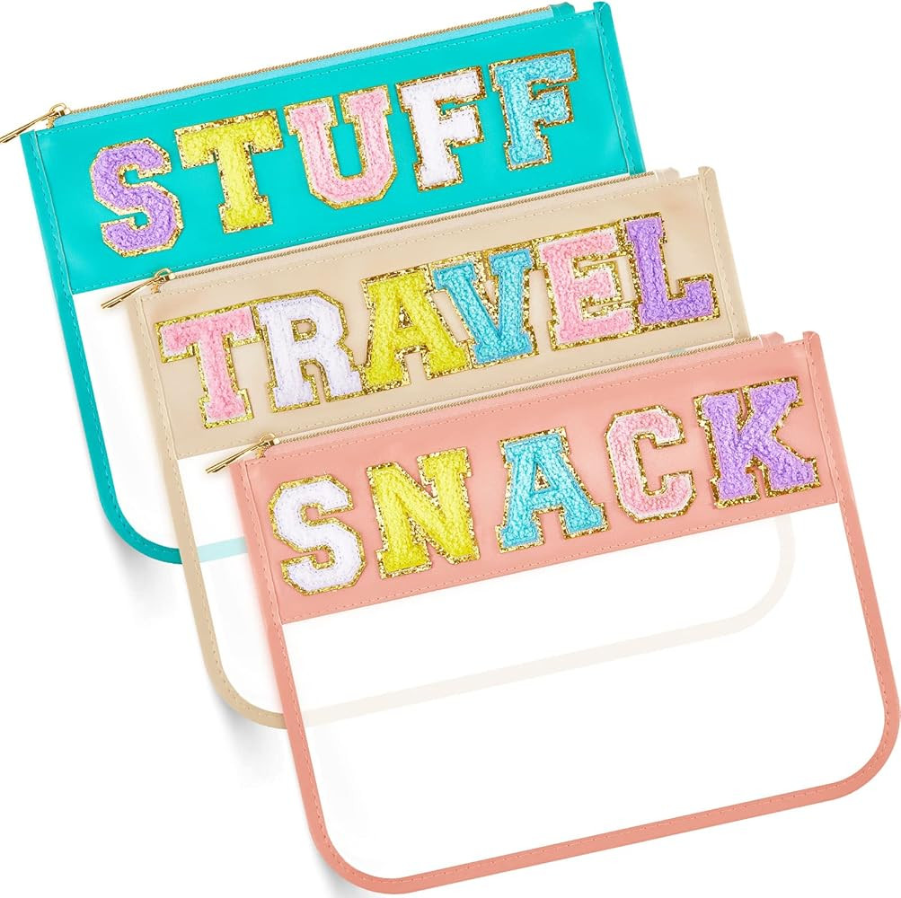3 Pcs Chenille Letter Clear Zipper Pouch for Travel Waterproof Cosmetic Pouch Clear Snack Bags Ny... | Amazon (US)