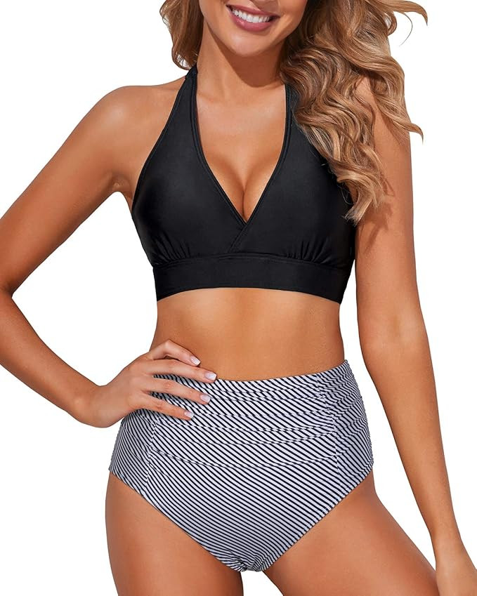 Tempt Me Women High Waisted Bikini Halter V Neck Two Piece Push Up Retro Swimsuits | Amazon (US)