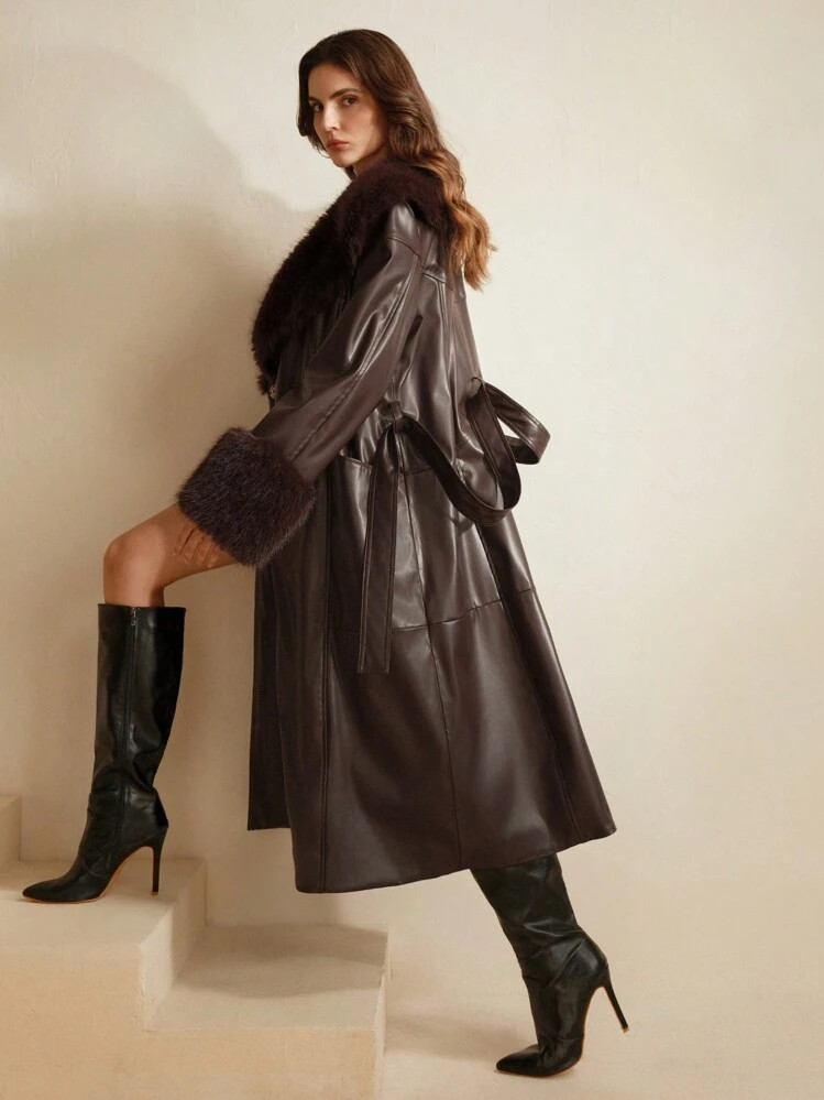 Anewsta Faux Leather Long Coat For Women, Navy Blue, With Fox Fur Cuff, Lapel Design | SHEIN