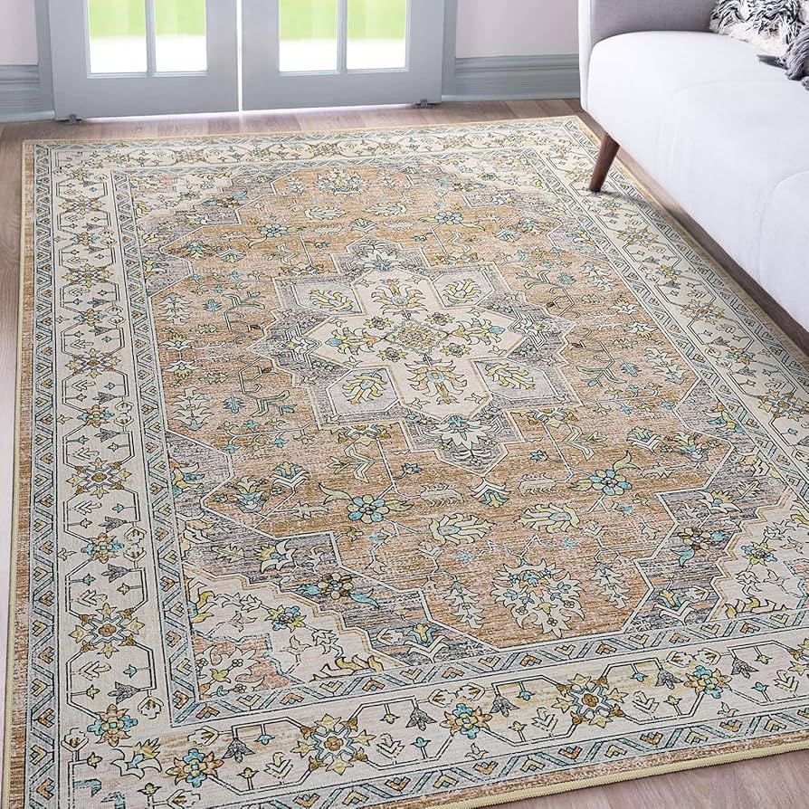 FlyDOIT Vintage Washable Area Rug, 6x9 Beige Floral Medallion Large Rugs for Living Room, Ultra S... | Amazon (US)