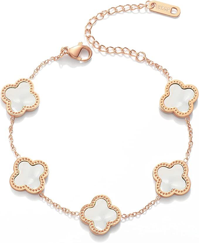 Amazon.com: White Fashion Lucky Clover Bracelet for Women Girls, Cute Adjustable Four Leaf Clover... | Amazon (US)