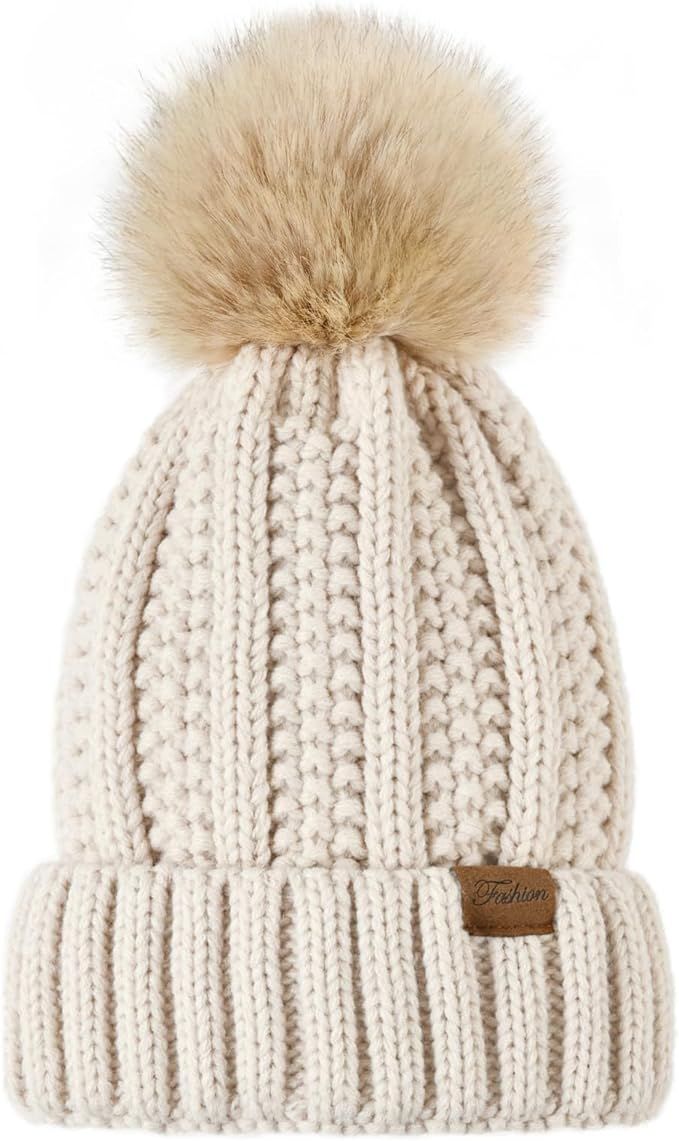Pleneal Womens Winter Knit Beanie Hat with Faux Fur, Warm Skull Cap Beanies for Women Black | Amazon (US)