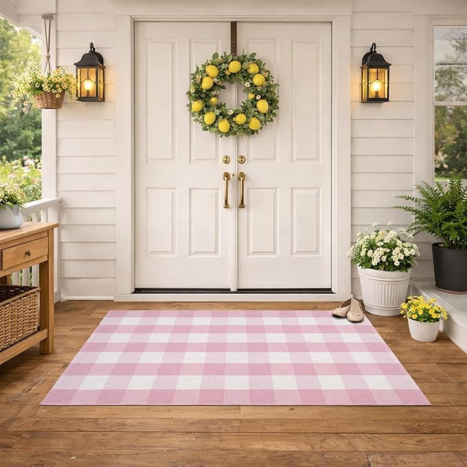 Spring Pink and White Plaid Rug, 3' x 5' Cotton Blend Layered Doormat Rug for Front Door, Hand-Wo... | Amazon (US)