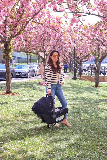 Nuna AIRE rx car seat is the best! Very lightweight and so chic.  JCrew Emilie striped cardigan, size s.  Abercrombie high waisted skinny jeans, size 26. Margaux flats.

#LTKbaby #LTKfamily #LTKbump