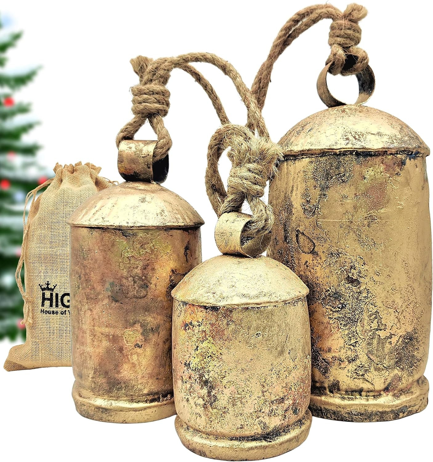 HIGHBIX Set of 3 Giant Harmony Cow Bells Huge Vintage Handmade Rustic Lucky Christmas Hanging XL Bells On Rope (Country Rustic, X-Large) | Amazon (US)