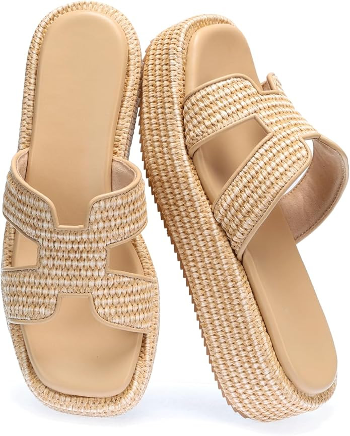 Monrovia Raffia Platform Sandals for Women Low Platform Slip On Open Toe Summer Vacation Beach Sh... | Amazon (US)