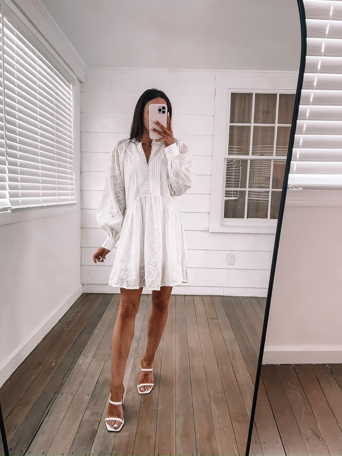 Bridal outfit-dress runs big, size down! heels true to size. Long sleeve white dress/white heels 
 

 #LTKPetite #LTKFindsUnder50 #LTKWedding