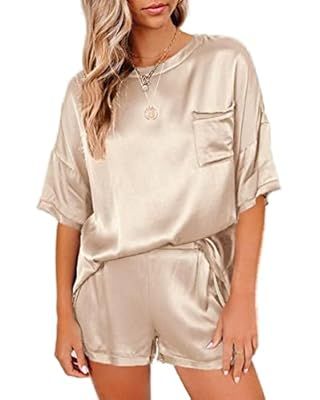 LYANER Women's Satin Silky Pajama Set Short Sleeve T-shirt With Shorts Set PJ Loungewear | Amazon (US)