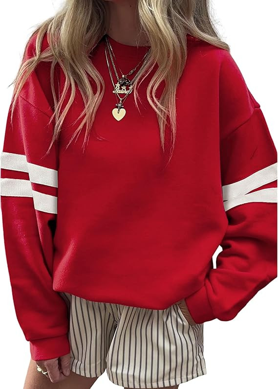 SELINK Womens Varsity Striped Oversized Sweatshirt Crewneck Long Sleeve Casual Fashion Pullover T... | Amazon (US)