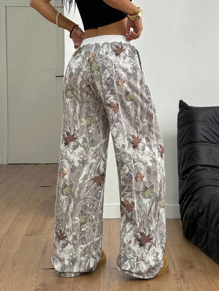 Coolane Women's Casual Knitted Long Pants With Autumn Leaf Print And Zipper Detail | SHEIN