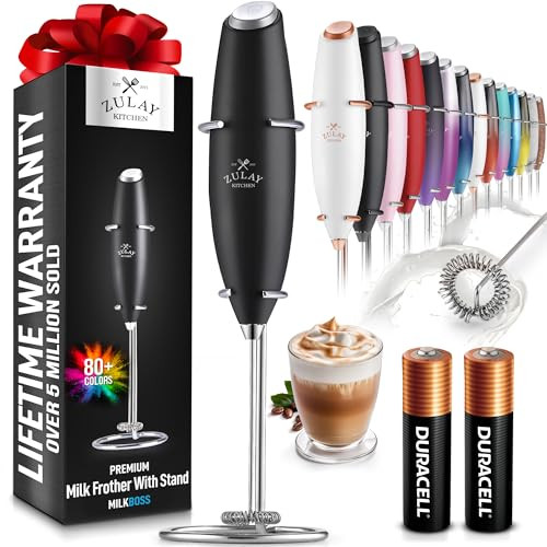 Zulay Kitchen Powerful Milk Frother Wand With 2 Duracell Batteries - Ultra Fast Handheld Drink Mixer - Electric Whisk Foam Maker for Coffee, Lattes, Cappuccino, Matcha, Hot Chocolate & Creamer - Black | Amazon (US)