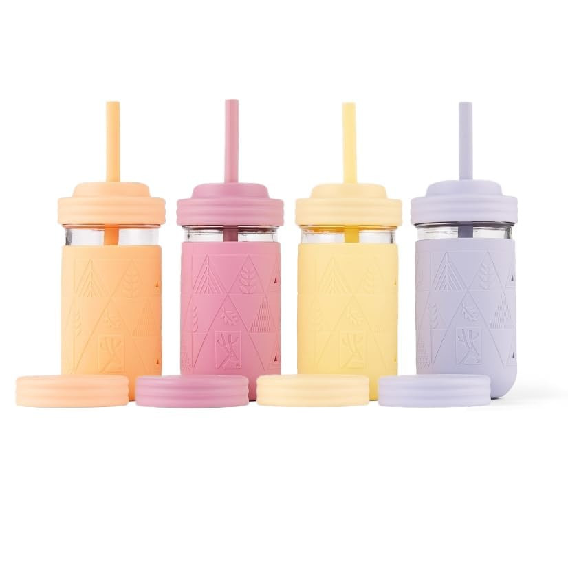 Elk and Friends Kids + Toddler Glass Cups | The Original 12oz Glass Mason Jar with Sleeves + Lids | Silicone Straws + Stopper | Smoothie Cup | Food Storage | Blush/Lilac/Peach/Lemon | 4 Pack | Amazon (US)