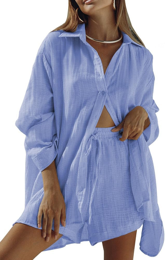 Meenew Women's 2 Piece Outfits Long Sleeve Button Down Shirts and Shorts Set Casual Lounge Set Sw... | Amazon (US)