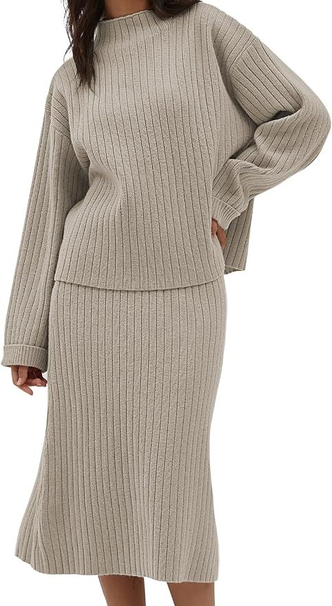 CHYRII Womens Fashion Two Piece Outfits Mock Neck Oversized Sweater Tops Skirt Sets Sweater Dress... | Amazon (US)