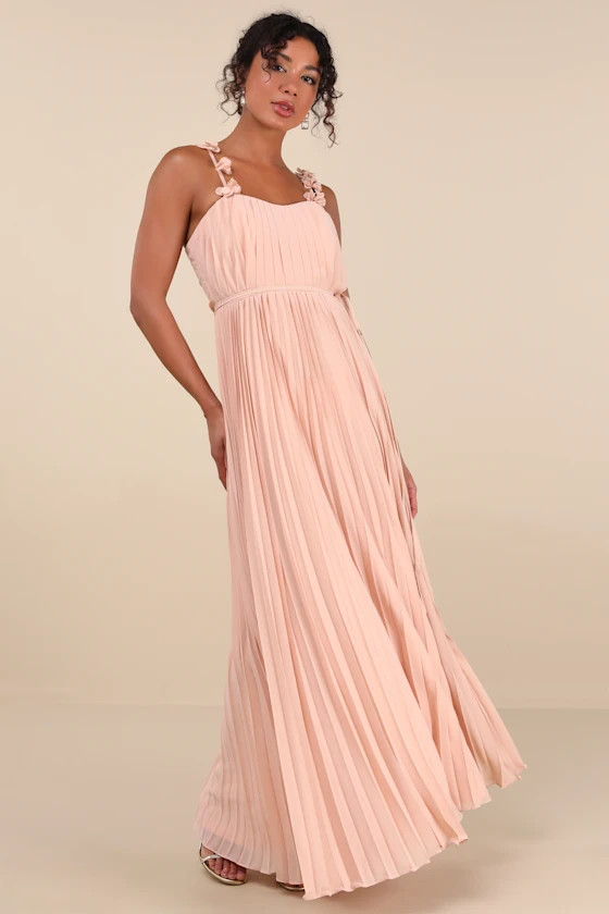 Hera Blush Pleated Floral Applique Maxi Dress | Lulus