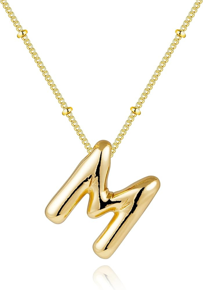 Gold Bubble Letter Necklace for Women, Dainty 14K Plated Balloon Initial Pendant Necklace Trendy ... | Amazon (US)