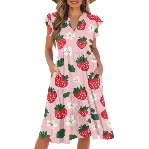 Frymappies Strawberry Dress for Women Midi Summer Dresses Floral V Neck Tiered Knee Length Sun Dress Ruffle Sleeve Tunic Sundress with Pocket Casual Plus Size Flowy Dress for Vacation Party XL | Amazon (US)