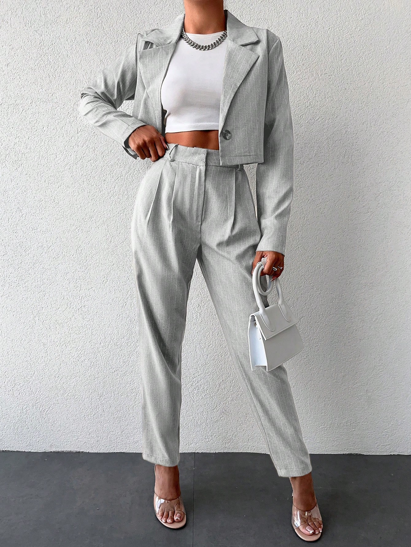 SHEIN PETITE Lapel Neck Crop Blazer & Fold Pleated Pants | SHEIN