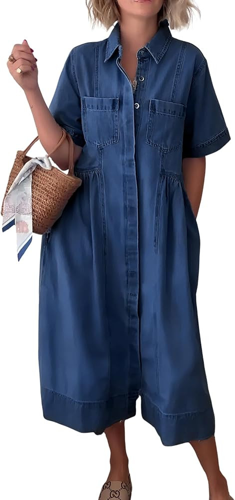 chouyatou Women Spring Summer Short Sleeve Denim Shirt Dress Midi Long Western Business Casual Jean Dress | Amazon (US)