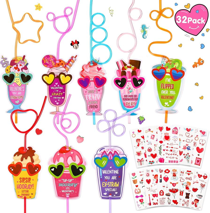 Palmatte 32 Packs Crazy Straws Valentines Day Gifts Cards for Kids Classroom School Exchange Clas... | Amazon (US)