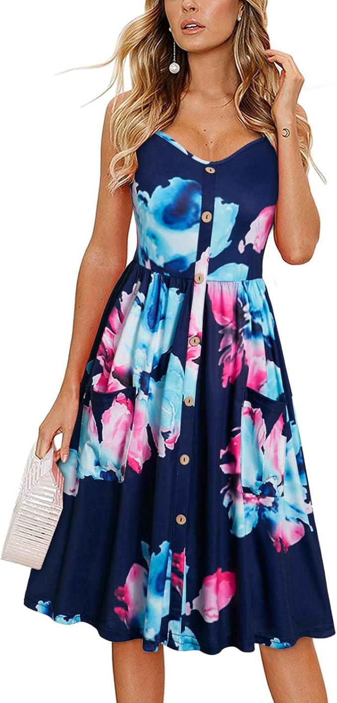 KILIG Women's Summer Floral Dress Spaghetti Strap Button Down Sundress with Pockets | Amazon (US)