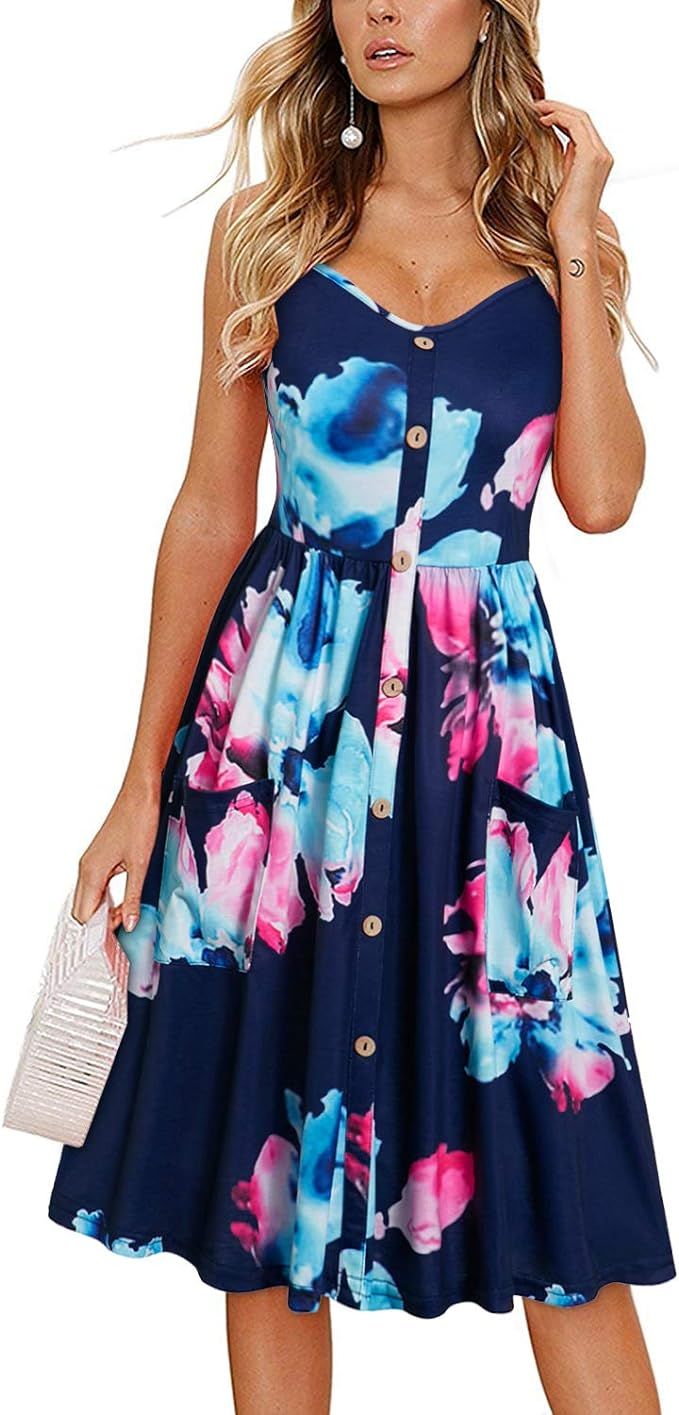 KILIG Women's Summer Floral Dress Spaghetti Strap Button Down Sundress with Pockets | Amazon (US)