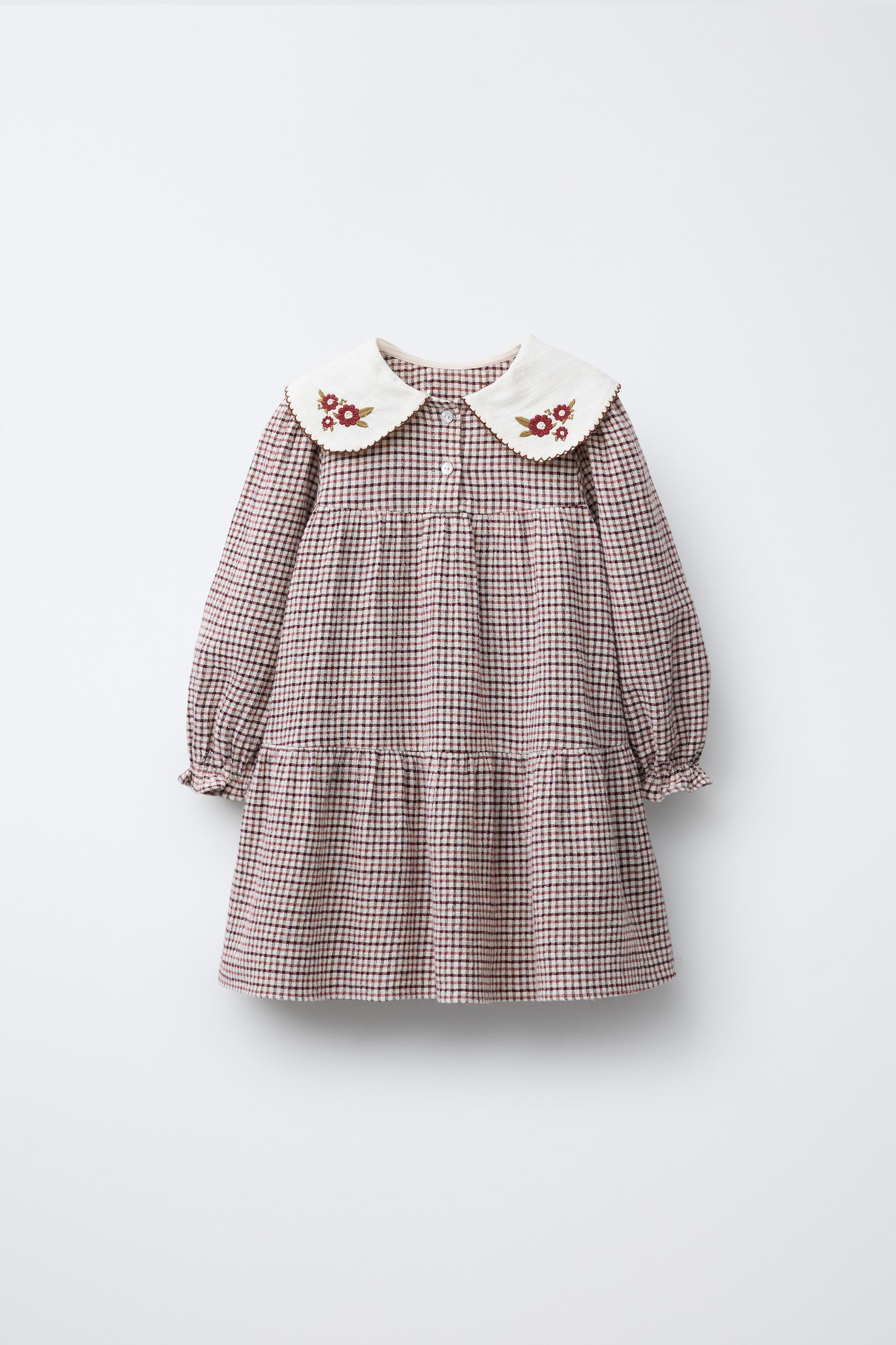 EMBROIDERED COLLAR PLAID TEXTURED DRESS | Zara US