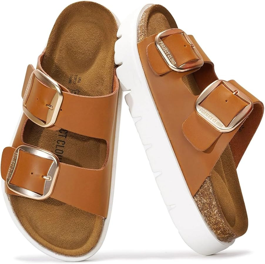 Project Cloud 100% Genuine Leather Platform Sandals Women Footwear - Wedge Chunky Slides for Wome... | Amazon (US)