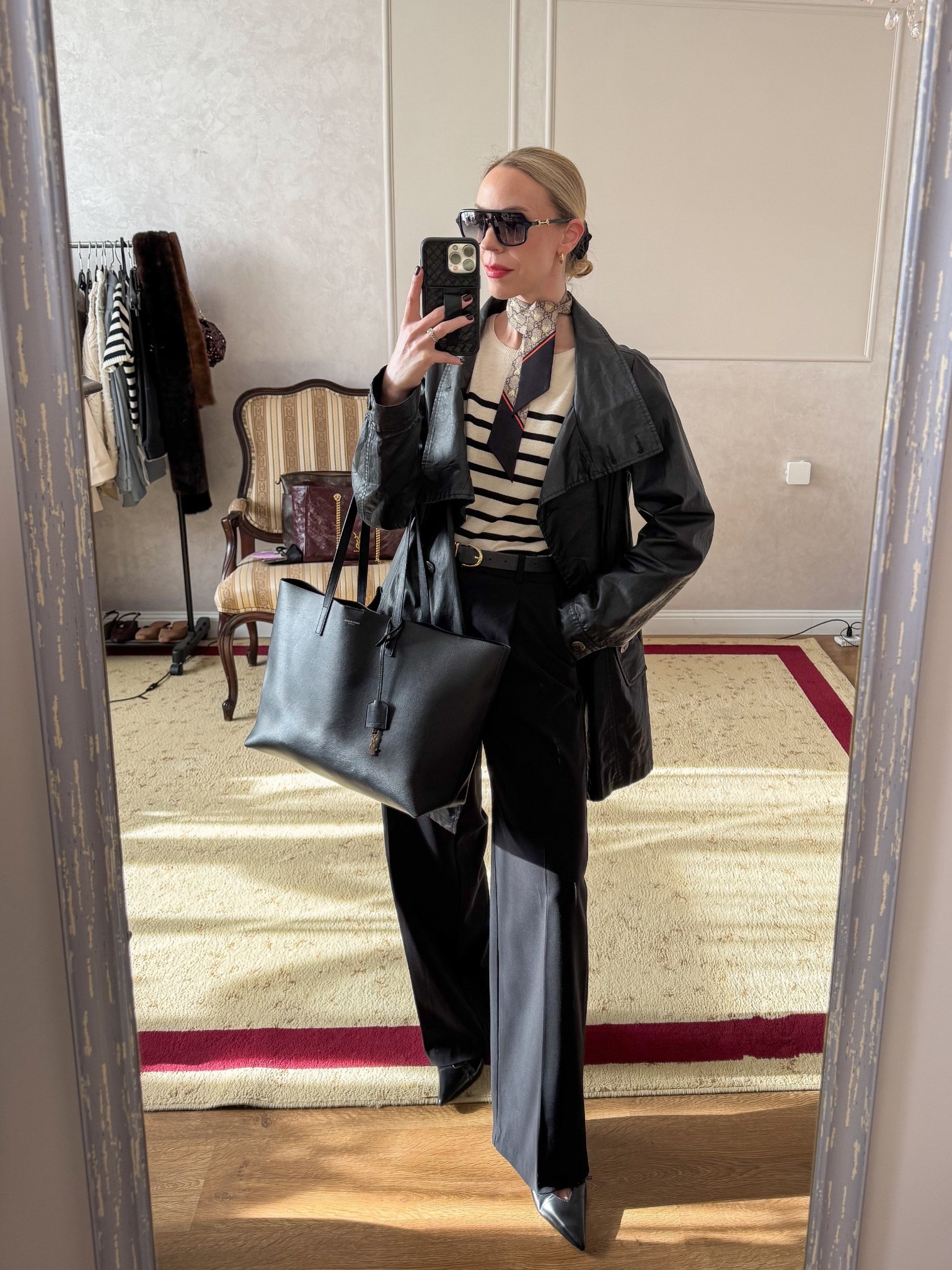 Work outfit of the day 🖤 

Spring workwear, trench coat, striped top, Gucci silk scarf, H&M black trousers, YSL tote bag

#LTKOver40 #LTKWorkwear #LTKootd