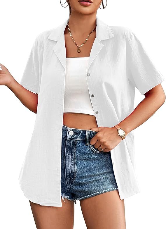 Zeagoo Women Cotton Shirt Button Down Short Sleeve Linen V Neck Blouse Casual Work Tunic | Amazon (US)