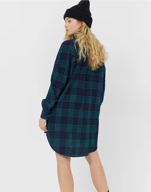 Stradivarius oversized boyfriend shirt dress in navy check | ASOS (Global)