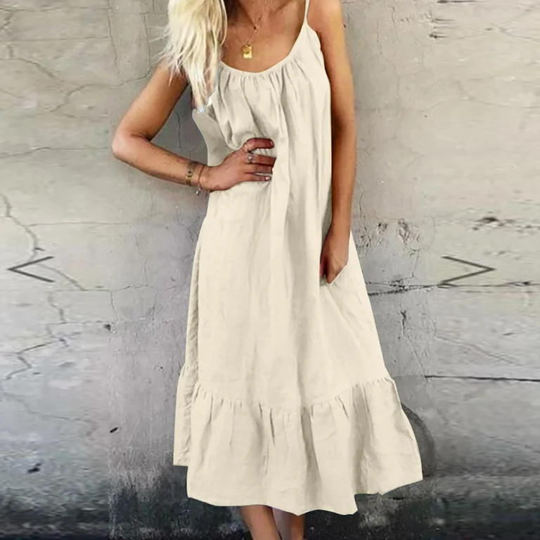 XUNKUSGA Maxi Dresses for Women Casual Soild Color Cotton Linen A-Line Womens Summer Dresses Fash... | Walmart (US)