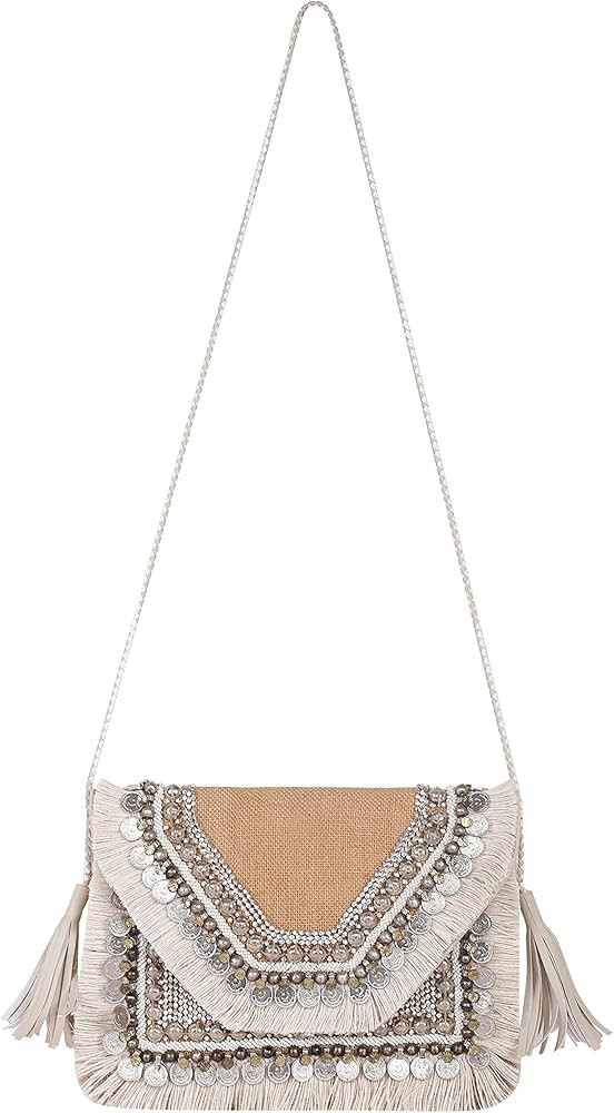 Beaded Burlap Exterior with cotton fabric lining Boho Clutch for Girls/Women | Clutch with Design... | Amazon (US)