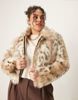 ASOS DESIGN Curve faux fur bomber jacket in snow leopard print | ASOS (Global)