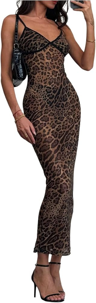 BEAUDRM Women's Sexy Cheetah Sheer Dress Y2K Mesh Leopard See Through Bodycon Maxi Dress Going Ou... | Amazon (US)
