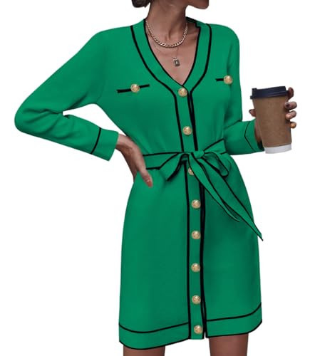 Pink Queen Casual Sweater Dress for Women Brunch Outfits Stripe Color Contrast Holiday Cocktail Knitted Cardigan with Belt Color Block Tweed Dress for Women Green M | Amazon (US)