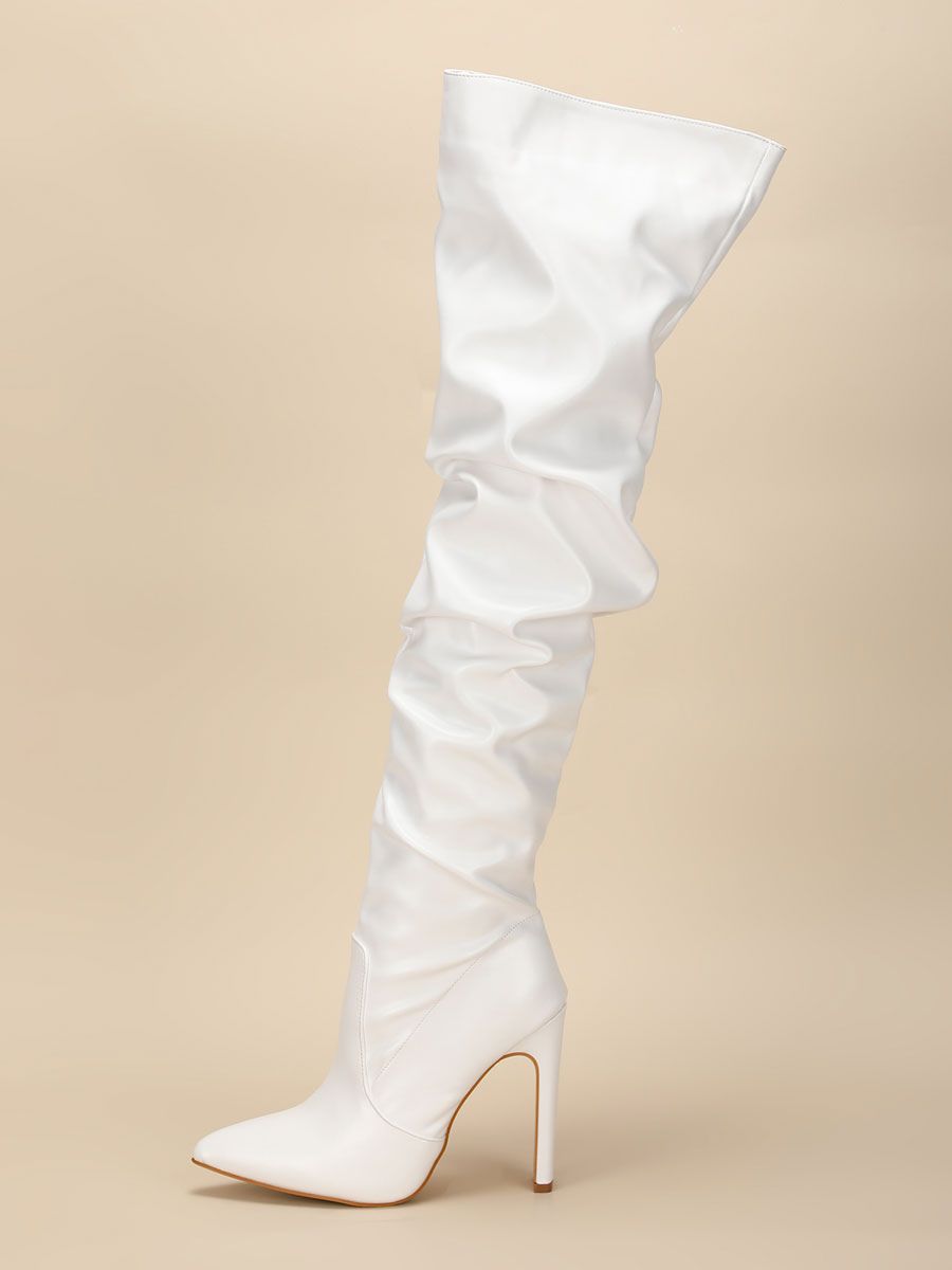 Women Over The Knee Boots Chunky Heel Pointed Toe PU Leather White Thigh High Boots | Milanoo