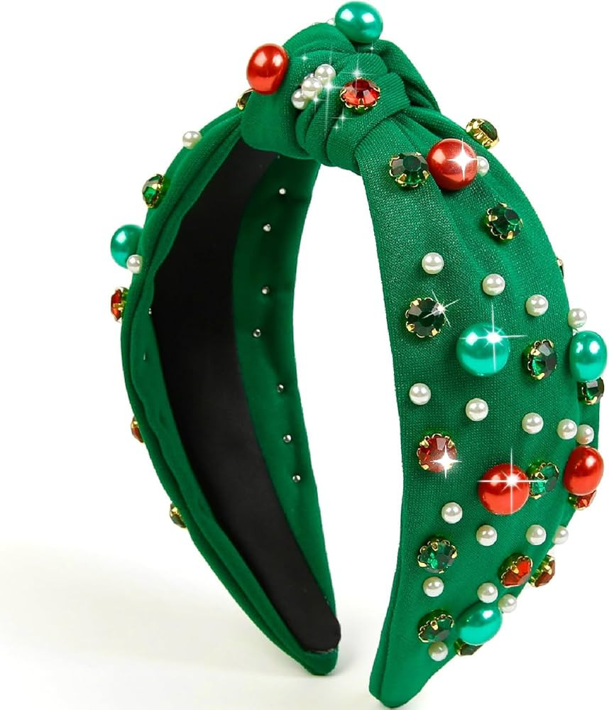 Huachi Christmas Headbands for Women Hair Accessories Christmas Knotted Headbands with Pearls Rhi... | Amazon (US)