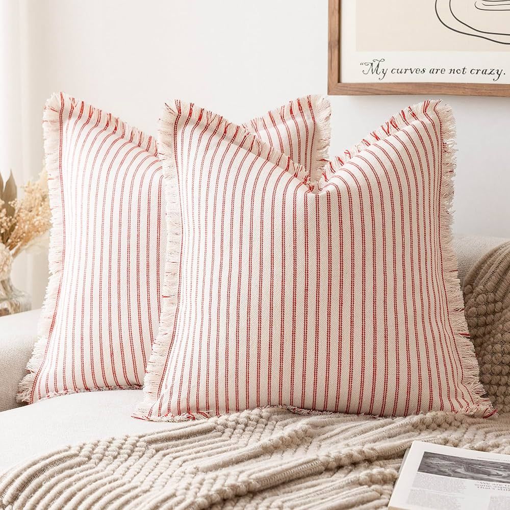 Foindtower Pack of 2, Red and Beige Striped Modern Throw Decorative Pillow Covers Square Cotton Cush | Amazon (US)