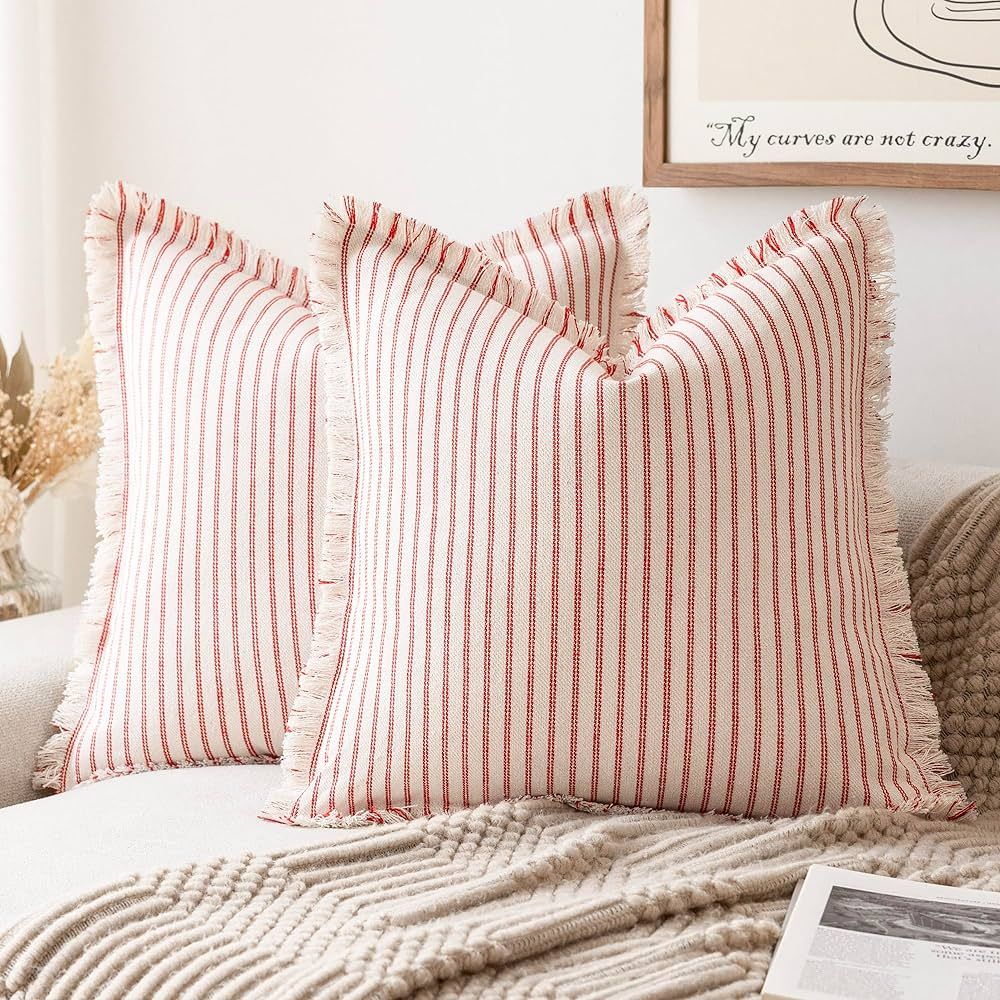 Foindtower Pack of 2, Red and Beige Striped Modern Throw Decorative Pillow Covers Square Cotton Cush | Amazon (US)