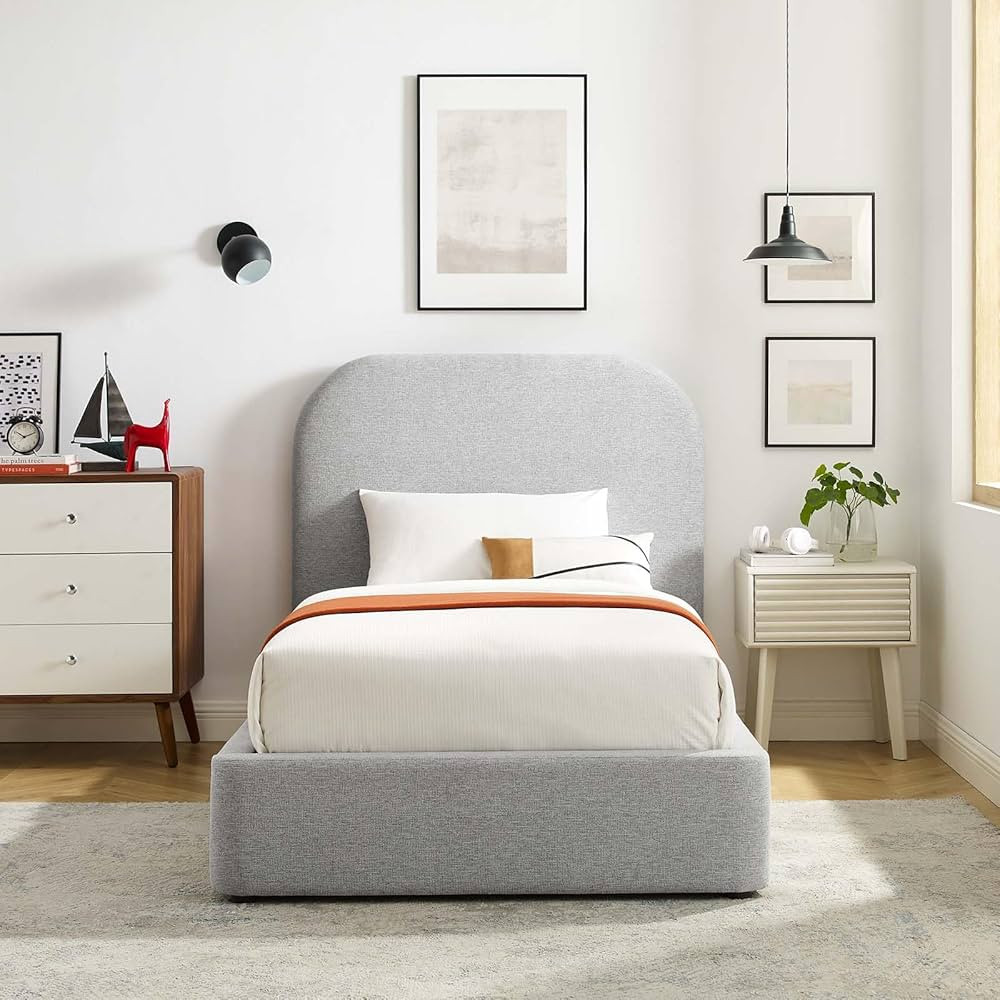 Modway Keynote Modern Bed Frame, Twin Size with Curve Shaped Headboard in Heathered Weave Light G... | Amazon (US)