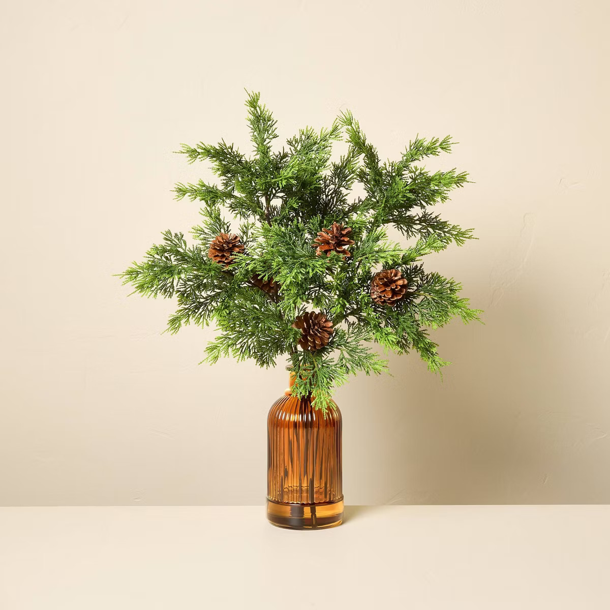 22" Cedar and Pinecones in Ribbed Amber Vase Artificial Arrangement - Hearth & Hand™ with Magno... | Target