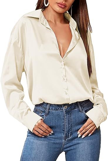 Hotouch Satin Silk Women Button Down Shirt Long Sleeve V Neck Casual Loose Work Office Blouse Tun... | Amazon (US)