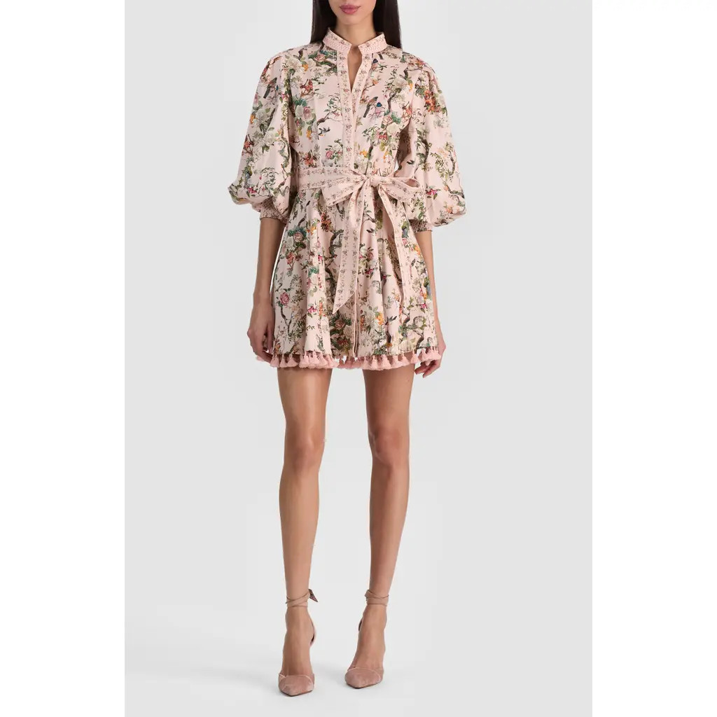 Alice + Olivia Lucy Floral Print Tie Waist Minidress in Sunset Grove English Rose at Nordstrom, Size 8 | Nordstrom