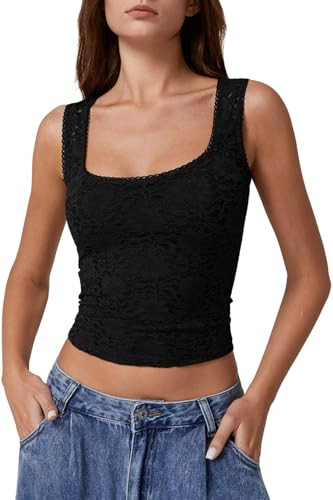 QINSEN Women's Lace Trim Square Neck Sleeveless Double-Layer Tank Top | Amazon (US)