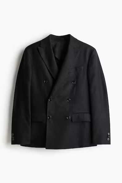 H & M - Relaxed-Fit Double-Breasted Linen-Blend Jacket - Black | H&M (US + CA)